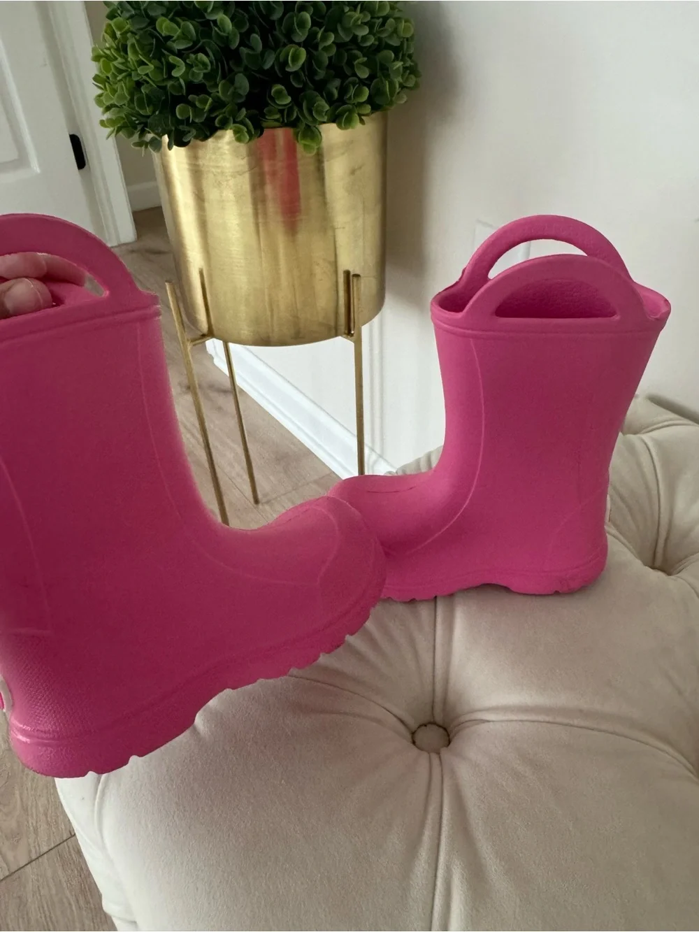 Kids Waterproof Pull-On Rain Boots in Bright Pink